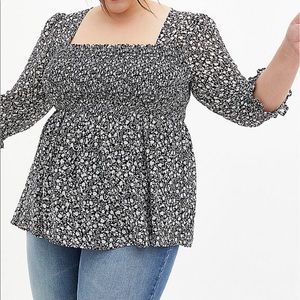 Floral Chiffon Smocked Babydoll Blouse NWOT